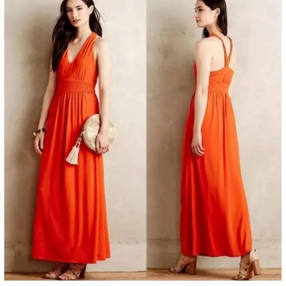 Maeve Yuma Maxi Orange Basketweave Sleeveless Empire V-Neck Dress 0